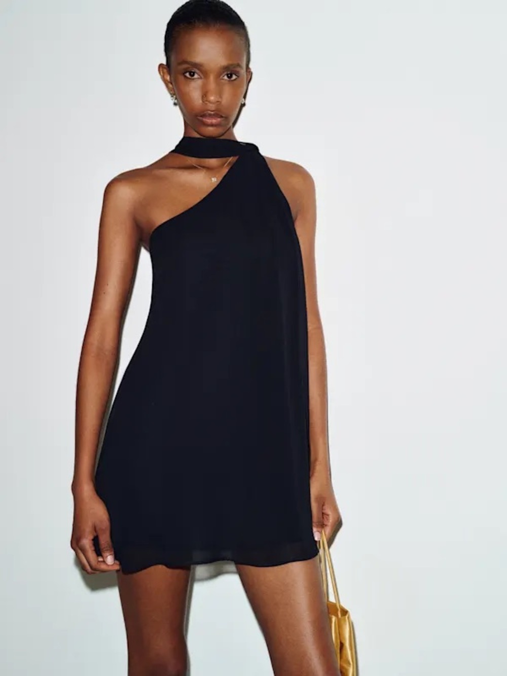 Open Edit Asymmetric Chiffon Halter Minidress Black Medium NWT
